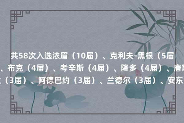 共58次入选浓眉（10届）、克利夫-黑根（5届）、约翰-沃尔（5届）、布克（4届）、考辛斯（4届）、隆多（4届）、唐斯（5届）、亚历山大（3届）、阿德巴约（3届）、兰德尔（3届）、安东尼-沃克（3届）、希罗（1届）、马克西（1届）、福克斯（1届）、拉尔夫-贝尔德（1届）、阿莱克斯-格罗扎（1届）、丹-伊塞尔（1届）、贾马尔-麦格罗（1届）、贾马尔-马什本（1届）、阿德里安-史小姐（1届）    体